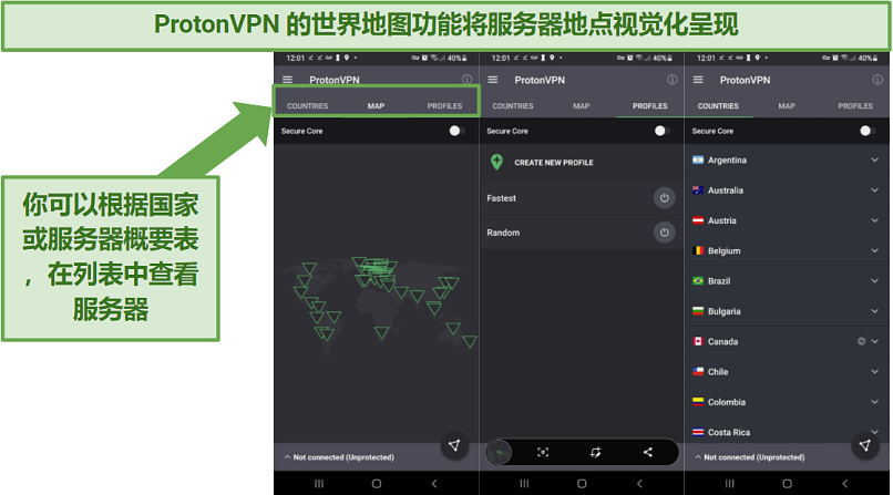 Screenshot of Proton VPN's Android app, showing its world map feature for viewing server locations