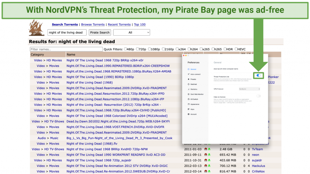 Screenshot showing an ad-free listings page on Pirate Bay with Threat Protection Lite enabled