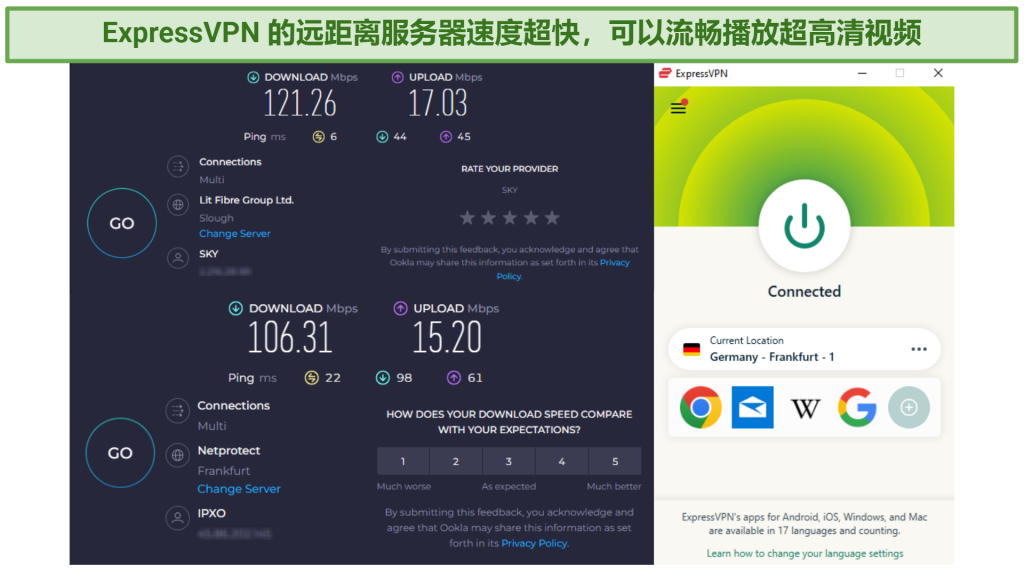 Screenshot showing the ExpressVPN app connected to a server in Germany over a browser showing an Ookla speed test