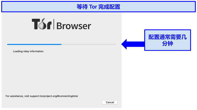 A progress bar showing Tor's configuration steps on a Mac OS device