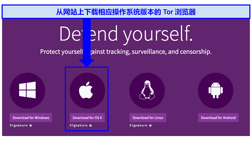 The Tor download webpage with indication of where to click to download Tor for OS X