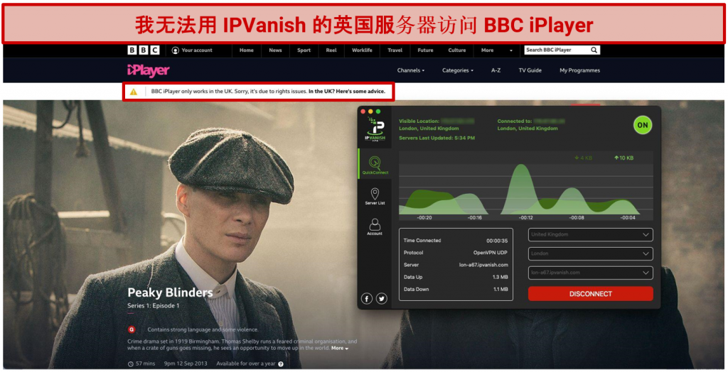 Graphic showing IPVanish with BBC iPlayer