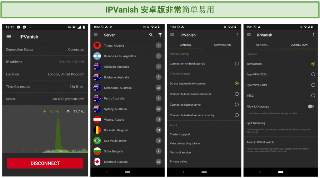 Screenshots showing IPVanish's Android app settings menu and its server list