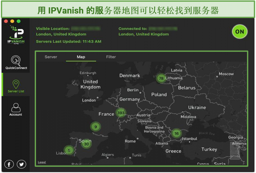 Graphic showing IPVanish and map