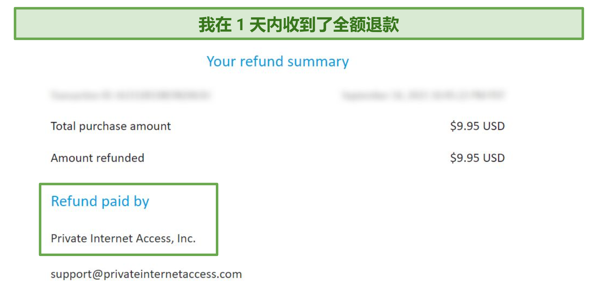 Screenshot of a refund issued by Private Internet Access